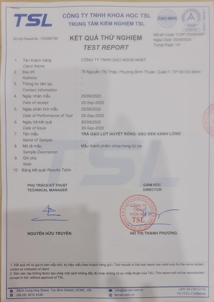 Công bố kết quả kiểm nghiệm chất lượng trà hổn hợp gạo lứt huyết rồng - đậu đen xanh lòng.